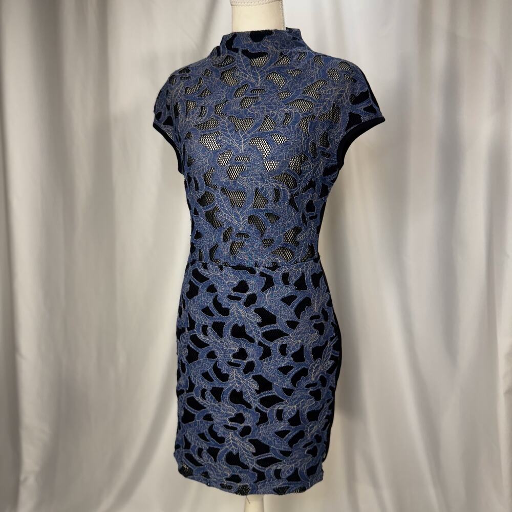 CQ by CQ Blue Lace Sheath Dress Medium Sheer Avant Garde Feminine Event Vacation - Picture 12 of 16